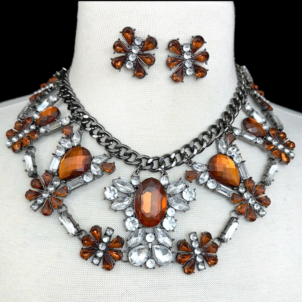 Large Brown Clear Rhinestone Statement Gun Metal Necklace Earrings Set